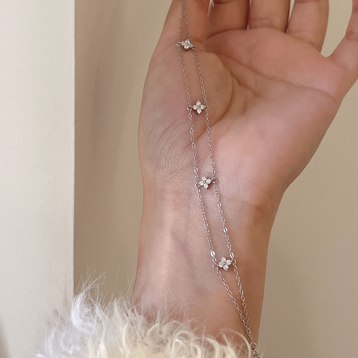 Dainty Gold Four-Leaf Clover Bracklet – CZ Crystal Station Chain, Delicate Layering Bracklet - Image 2