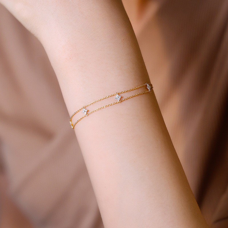 Dainty Gold Four-Leaf Clover Bracklet – CZ Crystal Station Chain, Delicate Layering Bracklet - Image 3
