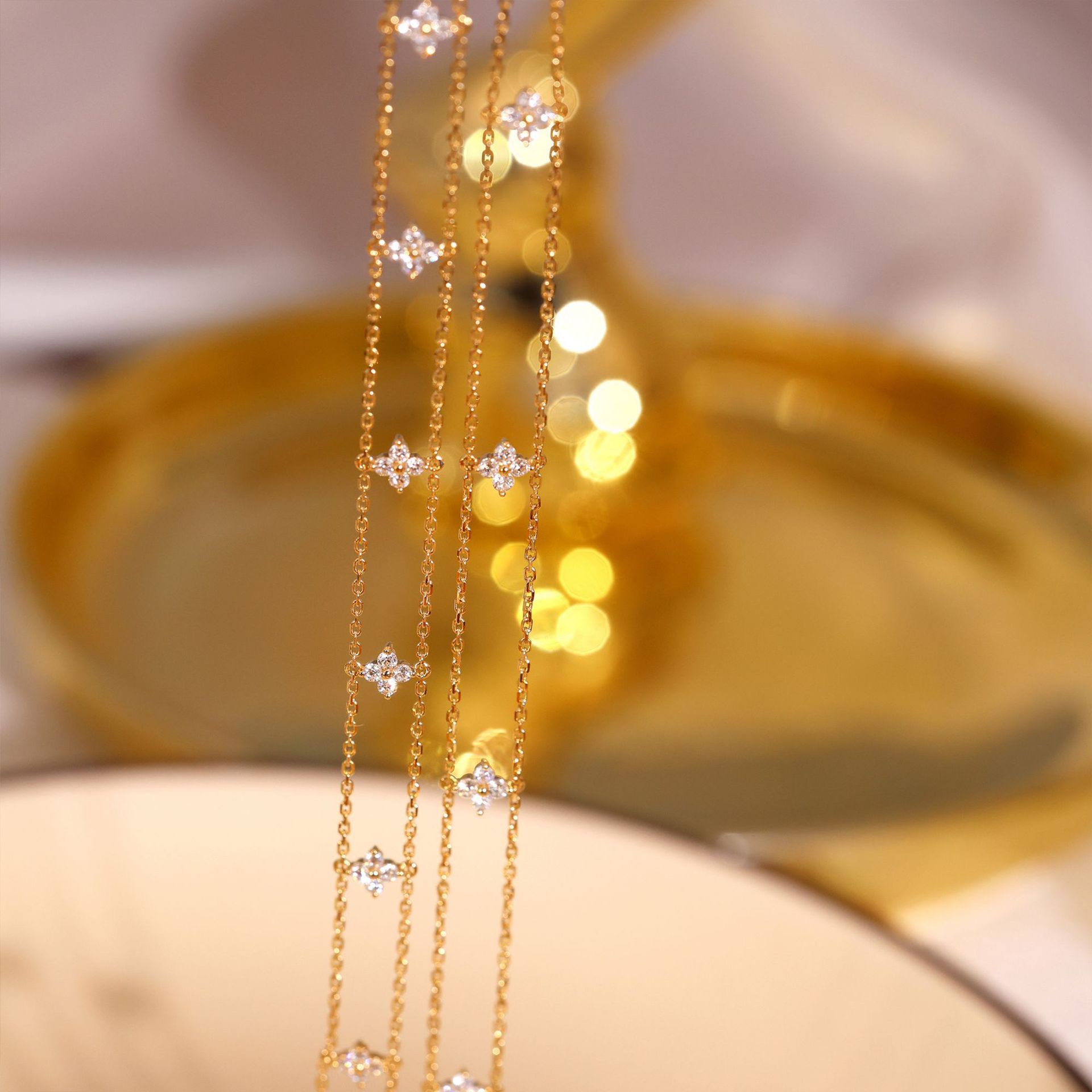 Dainty Gold Four-Leaf Clover Bracklet – CZ Crystal Station Chain, Delicate Layering Bracklet