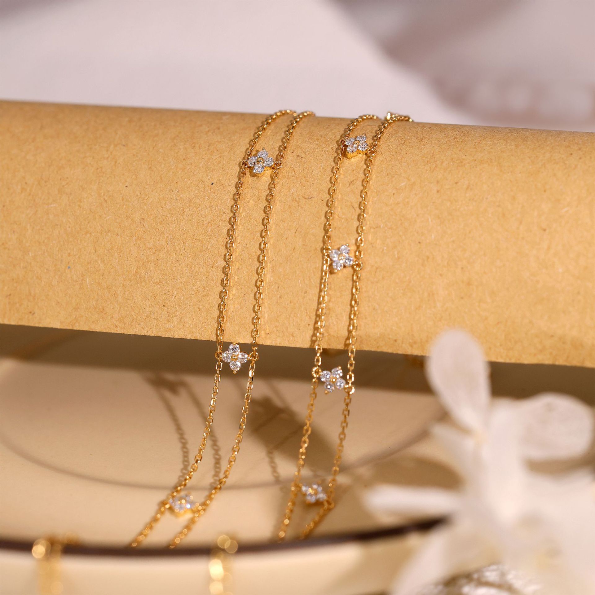 Dainty Gold Four-Leaf Clover Bracklet – CZ Crystal Station Chain, Delicate Layering Bracklet - Image 4